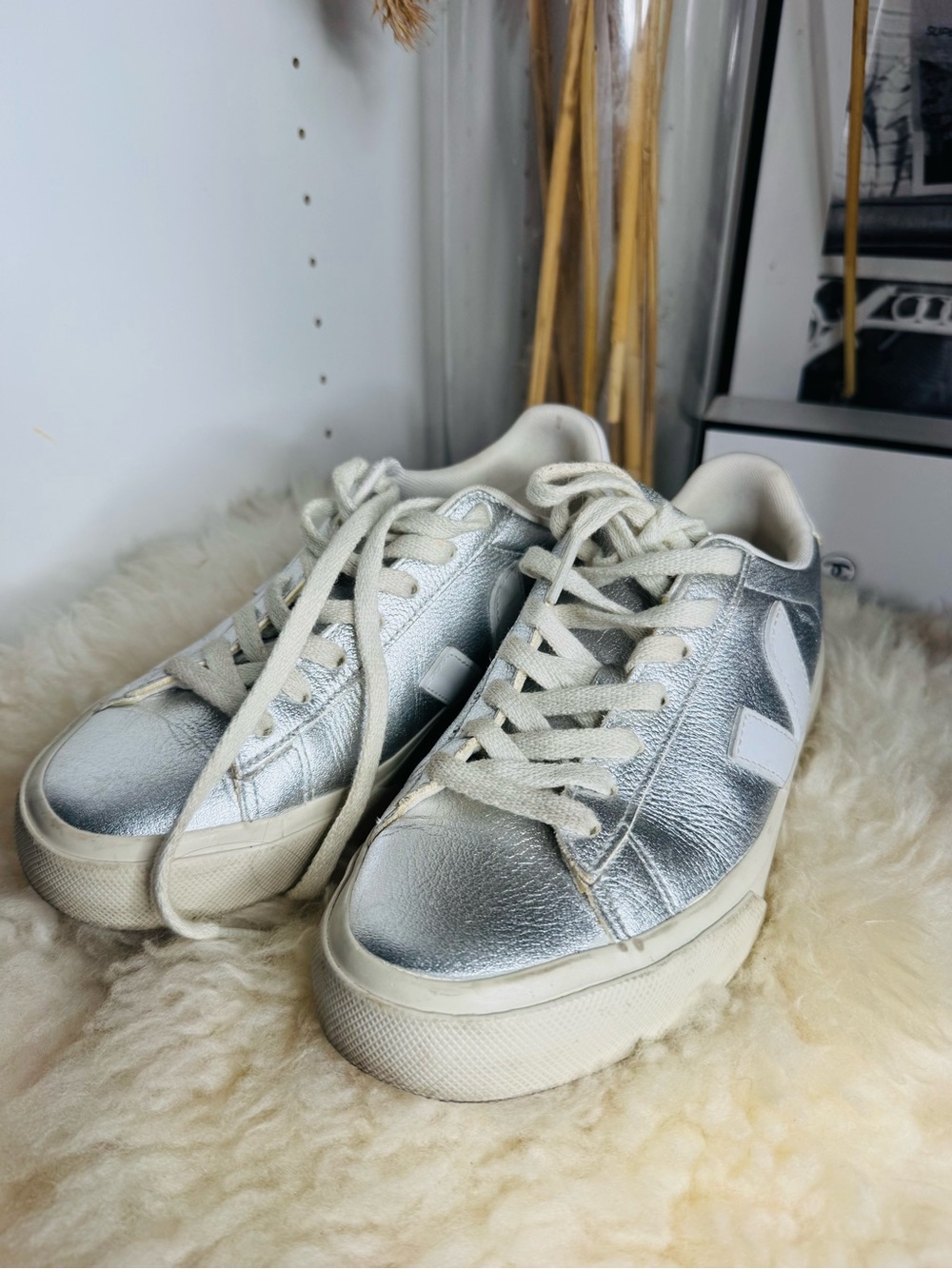 Veja Silver Metallic Platform Lace-Up Sneakers